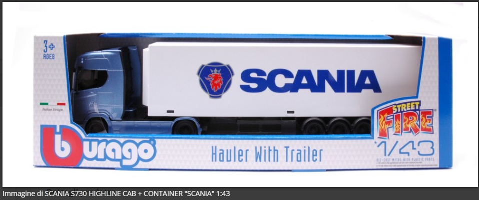 Bburago Scania S730 Highline Cab + Container 1:43 modellino camion