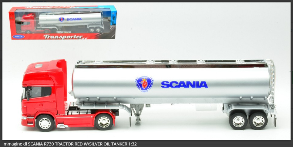 Scania R730 Trattore Rosso con Cisterna Olio Argento 1:32 Welly